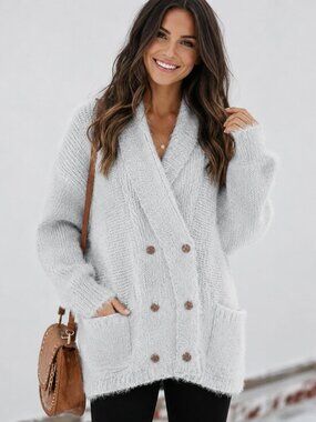 Women’s Super Soft Gray Fuzzy Cardigan Button Front Relaxed Fit NWT